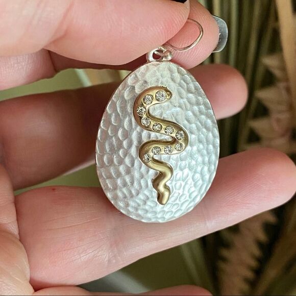 Two-Tone Brushed Silver And Gold Crystal Snake Earrings - Picture 4 of 7